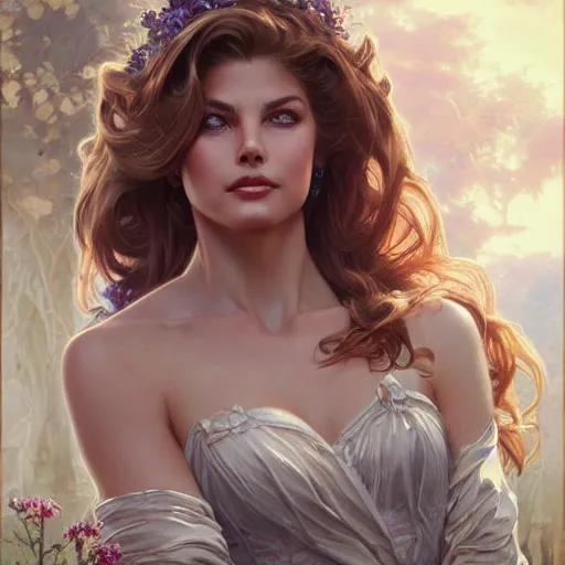 Image similar to beautiful young kathy ireland, closeup, d & d, fantasy, intricate, elegant, highly detailed, digital painting, artstation, concept art, matte, sharp focus, illustration, art by artgerm and greg rutkowski and alphonse mucha