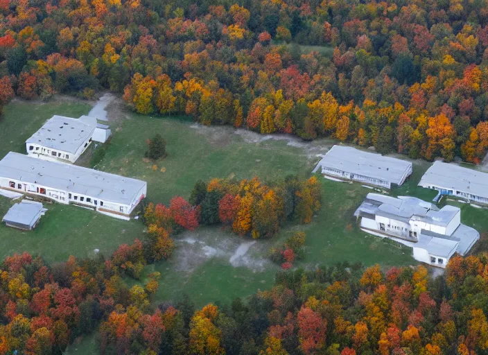 Prompt: low drone shot of a ranch style School campus in the middle of the Woods during autumn