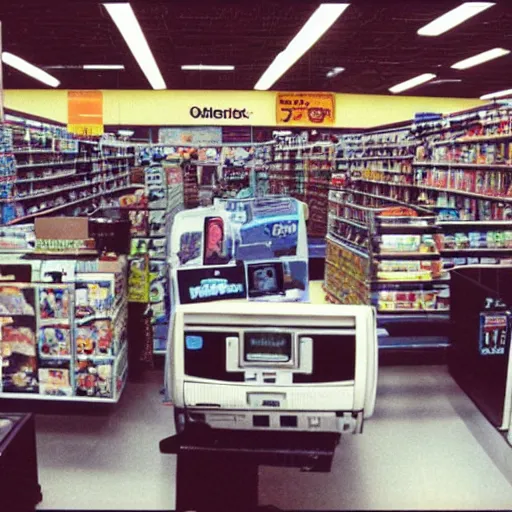 Image similar to “Walmart electronics department in 1990. Polaroid”