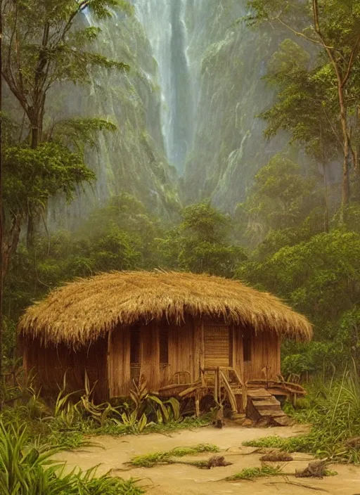 Image similar to a beautiful painting of a small and simple indigenous hut lost deep in the amazon jungle near a river, matte painting, art by christophe vacher