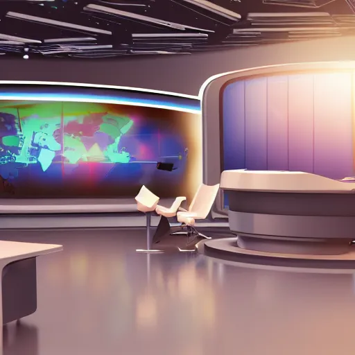 Prompt: futuristic news studio, concept art, wide lens, cinematic composition, iterior, detail