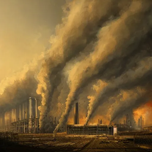 Image similar to a painting of a factory with smoke pouring out of it, a detailed matte painting by jonas de ro, cgsociety, nuclear art, dystopian art, apocalypse art, apocalypse landscape