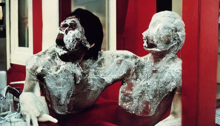 Image similar to 7 0 s movie still of a melting man, cinestill 8 0 0 t 3 5 mm technicolor, heavy grain, high quality, high detail