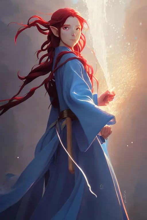 Image similar to elf female sorcerer doing water magic spells, blue robes, red hair, finely detailed perfect face, exquisite details, mid view, design on a white background, by studio muti, greg rutkowski makoto shinkai takashi takeuchi studio ghibli