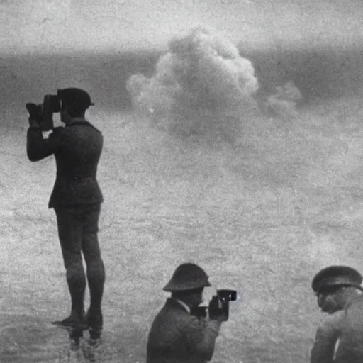 Image similar to a person takes a photo of an asteroid impact, taken on a ww 1 camera, dead people are floating in the ocean, the sky is filled with smoke.