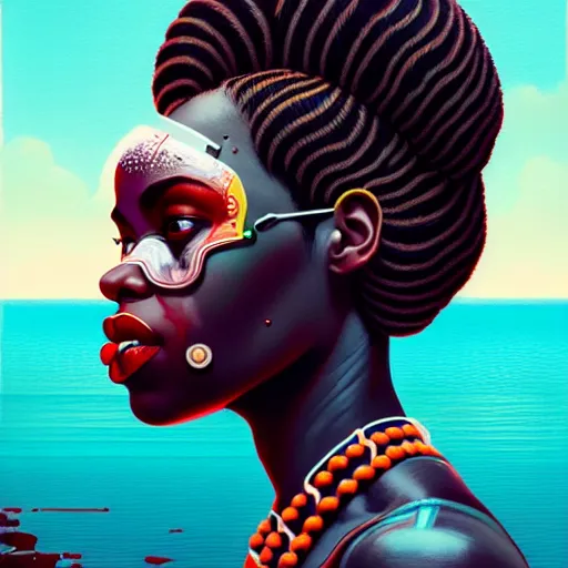 Image similar to side profile of a black woman :: blood :: background sea :: intricate details :: oxygen implant :: 8k :: simon stalenhag and Sandra Chevrier