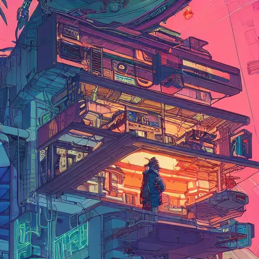 Image similar to cyberpunk explorer playing video games in his treehouse, highly detailed, 4k, midnight, by Victo Ngai and James Gilleard , Moebius, Laurie Greasley