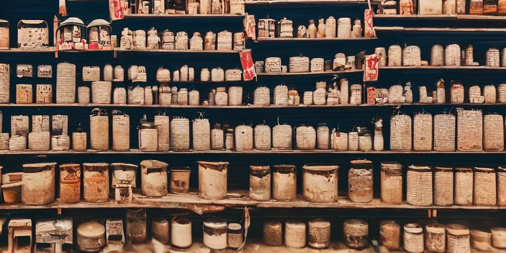 Prompt: extreme close - up of half empty shelves of a sundry shop at pulau indah fishing village, near a jetty, early morning, detailed matte painting, low angle view, telephoto lens, bokeh, studio ghibli, artstation