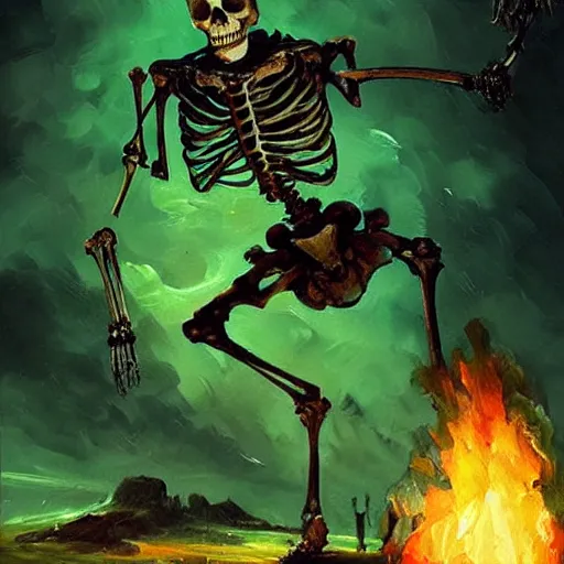 Image similar to A highly detailed oil painting by Greg Rutkowski and Afremov of a skeleton wearing black robes making a potion glowing bright green in a huge bubbling cauldron, highly detailed fantasy concept artwork, very realistic.