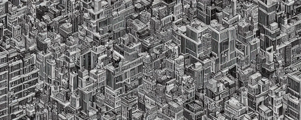 Prompt: a highly detailed cityscape, black and white, in the style of MC Escher, 4k
