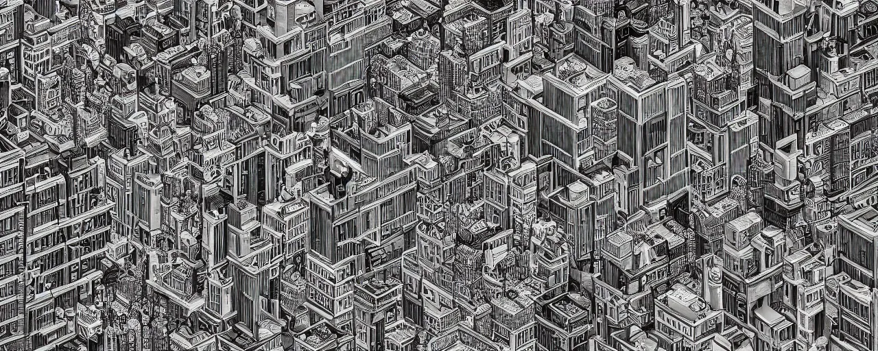 Image similar to a highly detailed cityscape, black and white, in the style of MC Escher, 4k