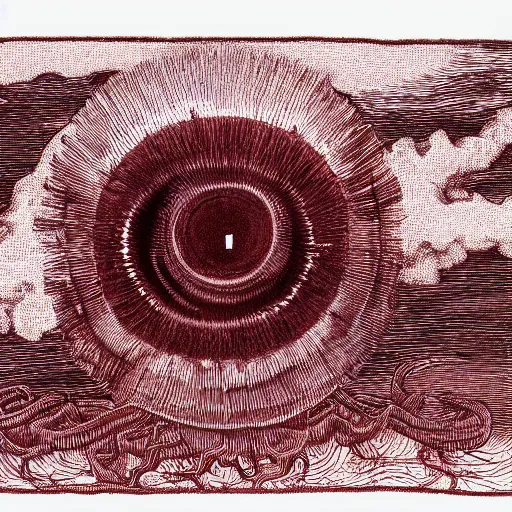 Image similar to translucent fleshy column of gory tendrils holding up a giant all - seeing eyeball, sharp mountains in the distance, dark red sky, smoke rising, apocalyptic, extremely detailed
