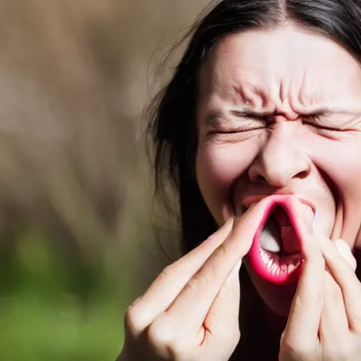 Image similar to woman with fingers crawling out of her mouth