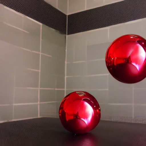 Prompt: chrome spheres on a red cube by aya kato