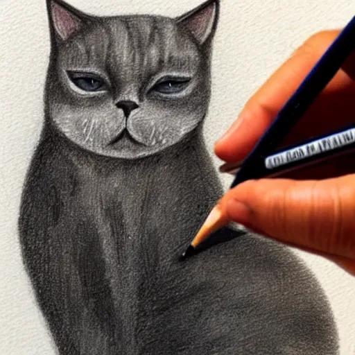 Prompt: An artist cries while painting a simple drawing of a cat
