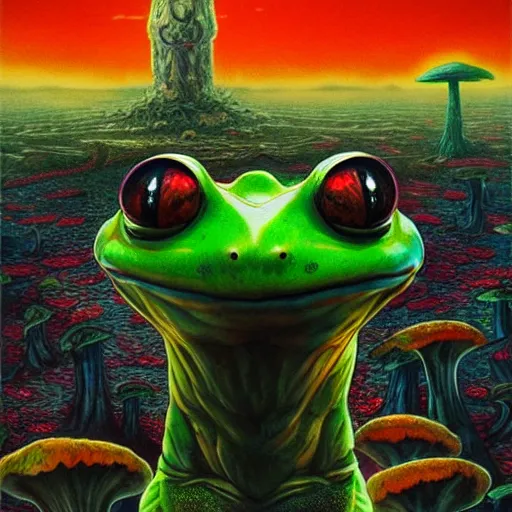 Image similar to A centered chest up portrait of a scary psychedelic godlike anthropomorphic frog smoking tobacco , magic mushroom village in background . award winning. superb resolution. in the art style of junji Ito and greg rutkowski . Detailed Mushroom city in background. Hyper realistic anime. Perfect art. Dalle2