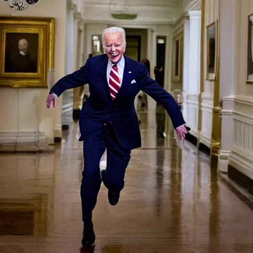 Prompt: detailed Joe Biden running away through the halls of the White House, zombies following him in the background