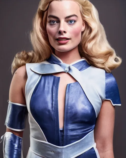 Image similar to A portrait of a margot robbie in a cosplay uniform, piercing eyes, highly detailed, bokeh, professional photograph, full body shot 4K, HD