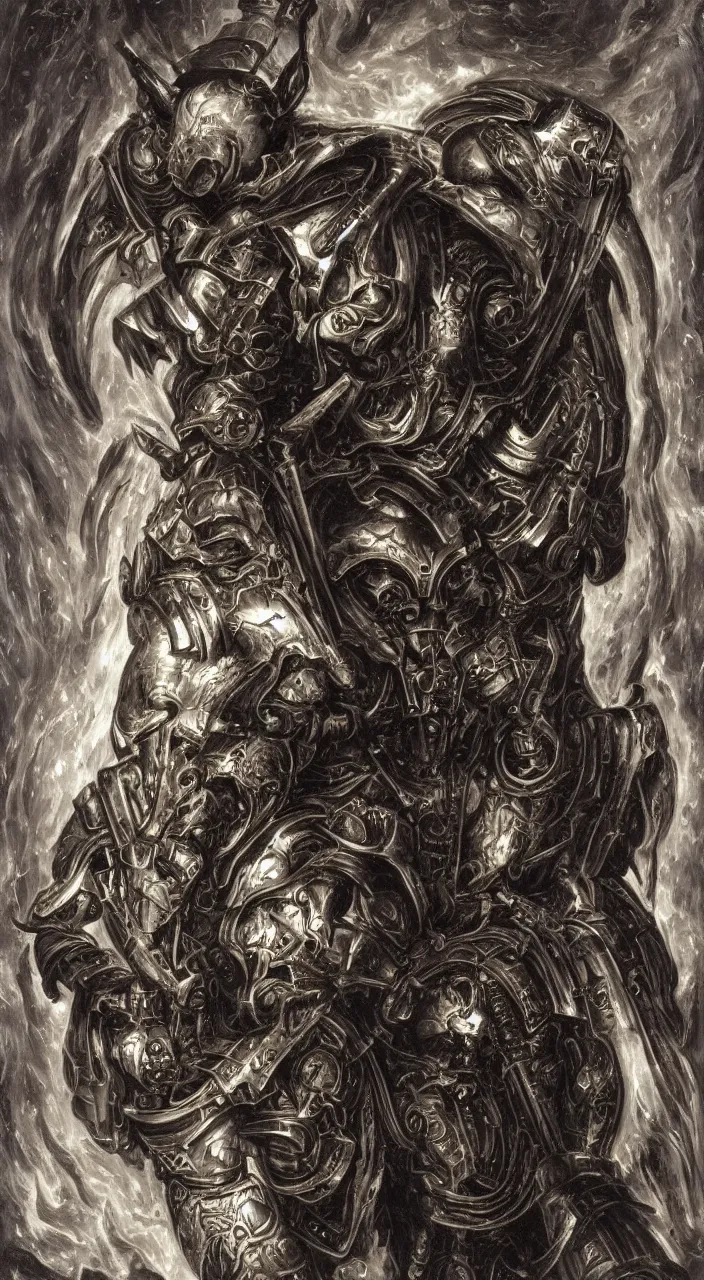 Image similar to Spacemarine, supreme all powerful magic magical aura of the arcane of wild mystical otherworldly psyker, blanchitsu, giger, baroque
