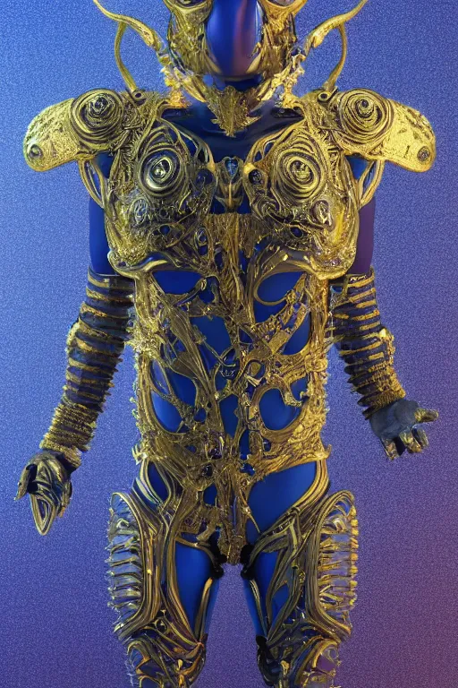 Prompt: full body portrait of a symmetric hyper realistic elegant alien, blue metallic skin, jewelry intricate details, unreal engine5, octane, with gold filigree mask and body armor