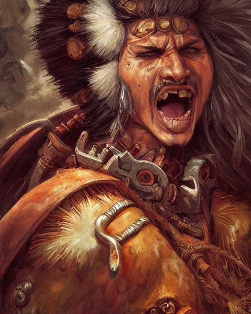 Image similar to portrait of a screaming spanish conquistador by filipe pagliuso and justin gerard, symmetric, detailed, intricate, digital painting, princess mononoke color scheme, masterpiece, sharp focus