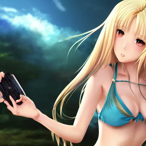 Image similar to a very beautiful young anime girl with 2 0 meters long blond hair, full body, long wavy 2 0 meters long blond hair, sky blue eyes, full round face,, bikini, miniskirt, front shot, playing a virtual reality game highly detailed, cinematic wallpaper by stanley artgerm lau