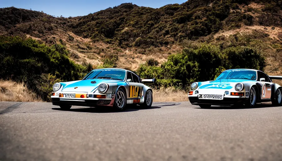 Prompt: photograph, PORSCHE RSR, IROC, by Pete Biro, Peter Singhof, press release, cinematic, malibu canyon, 8k, depth of field, bokeh. rule of thirds, copper accents