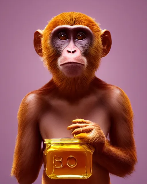 Image similar to beautiful monkey as honey, made of honey, wearing honey - themed miniskirt, award winning creature portrait photography, extremely detailed, artstation, 8 k, sensual lighting, incredible art, wlop, artgerm, backlit, rim lighting, hi - fructose