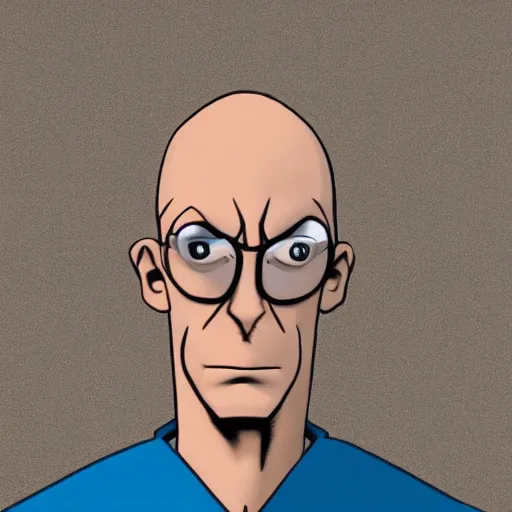 Image similar to A middle-aged Dr. Venture in real life with a hooked nose, a long gaunt face and skinny body and neck, very thin and bald, realistic, very realistic, hyperrealistic, highly detailed, very detailed, extremely detailed, detailed, digital art, oil painting, trending on artstation, headshot and bodyshot, detailed face, very detailed face, extremely detailed face, HD Quality, 8k resolution, very very detailed face, real life