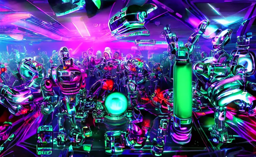 Prompt: robodads cybercore disco rave, highly detailed, extremely high quality, hd, 4 k, 8 k, professional photographer, 4 0 mp, lifelike, top - rated, award winning, cinematic, realistic, detailed lighting, detailed shadows, sharp, no blur, edited, corrected, trending