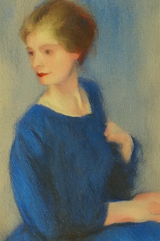 Prompt: portrait of a young woman in a blue dress by charles hawthorne, highly detailed, sharp focus, dramatic backlighting