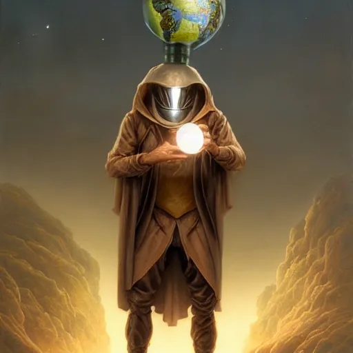 Image similar to masked nomad male wearing a cloak on an alien world and holding a holographic planet projection in his hand, detailed, sci - fi, digital painting, artstation, sharp focus, illustration, ominous, artgerm, tomasz alen kopera, peter mohrbacher, donato giancola, joseph christian leyendecker, wlop, frank frazetta