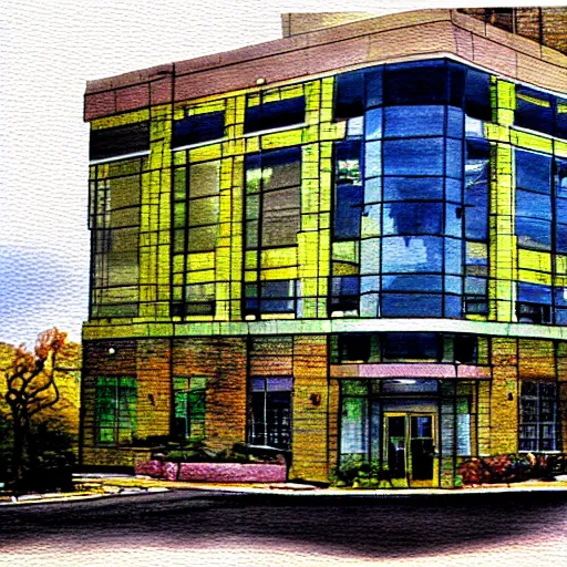 Prompt: dunder mifflin office building watercolor impressionist painting