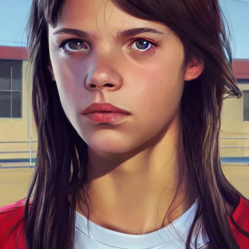 Image similar to portrait of a brunette thin teenager girl with blue eyes in gta 5, light stubble with red shirt, inside modern school ,digital art,photorealistoc,art by greg rutkowski,hyperdetailed,western comic style,comic,comic style,sharp lineart,professional lighting,deviantart,artstation,trevor henderson,rossdtaws,cinematic,dramatic