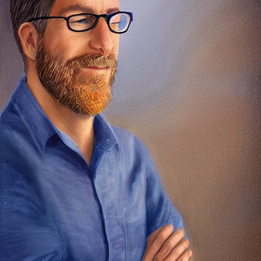 Prompt: Man from frog perspective in his 30s, light brown hair and salt-and-pepper hair with a short beard, thick dark glasses, blue eyes, big nose, wearing a shirt and a jean, digital painting, 4k, rays of light, particles light, by Steve Henderson