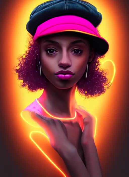 Image similar to portrait of teenage vanessa morgan with bright pink hair, black girl, vanessa morgan, curly pixie cut hair, wearing newsboy cap, newsboy cap, hoop earrings, intricate, elegant, glowing lights, highly detailed, digital painting, artstation, concept art, smooth, sharp focus, illustration, art by wlop, mars ravelo and greg rutkowski