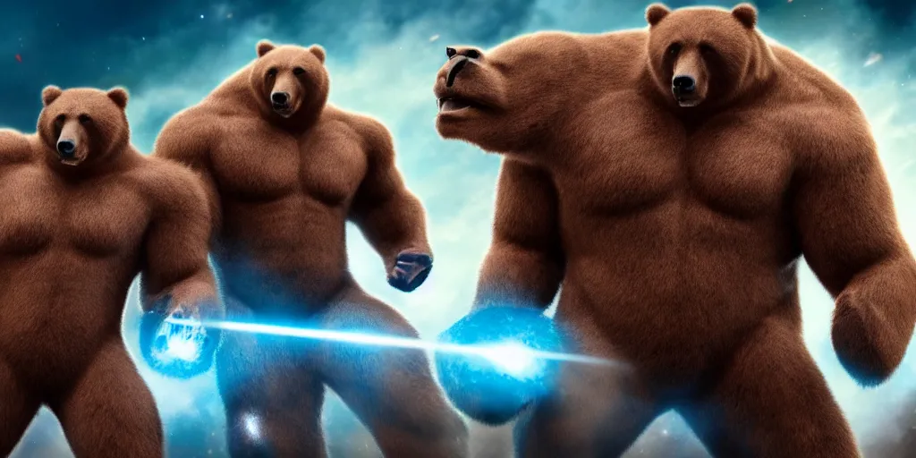 Image similar to photo of muscular bears, playing intergalactic championship versus chitauri. Highly detailed 8k. Award winning.