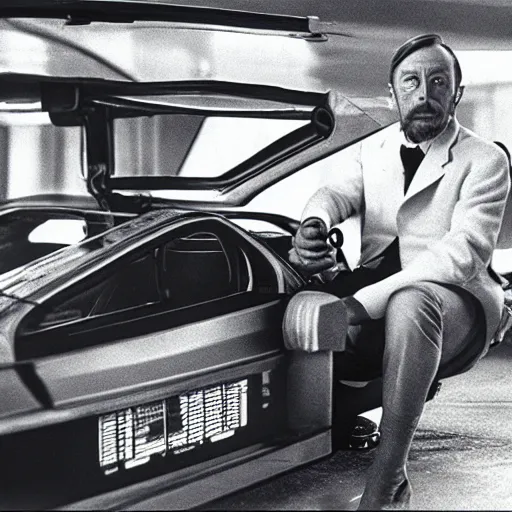 Image similar to hg wells sitting in a delorean time machine cinematic dramatic 3 5 mm 8 k