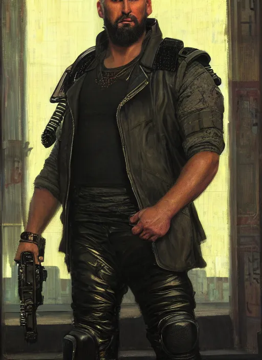 Image similar to big mike. cyberpunk meathead wearing a military vest and combat gear. (Cyberpunk 2077, bladerunner 2049). Iranian orientalist portrait by john william waterhouse and Edwin Longsden Long and Theodore Ralli and Nasreddine Dinet, oil on canvas. Cinematic, hyper realism, realistic proportions, dramatic lighting, high detail 4k