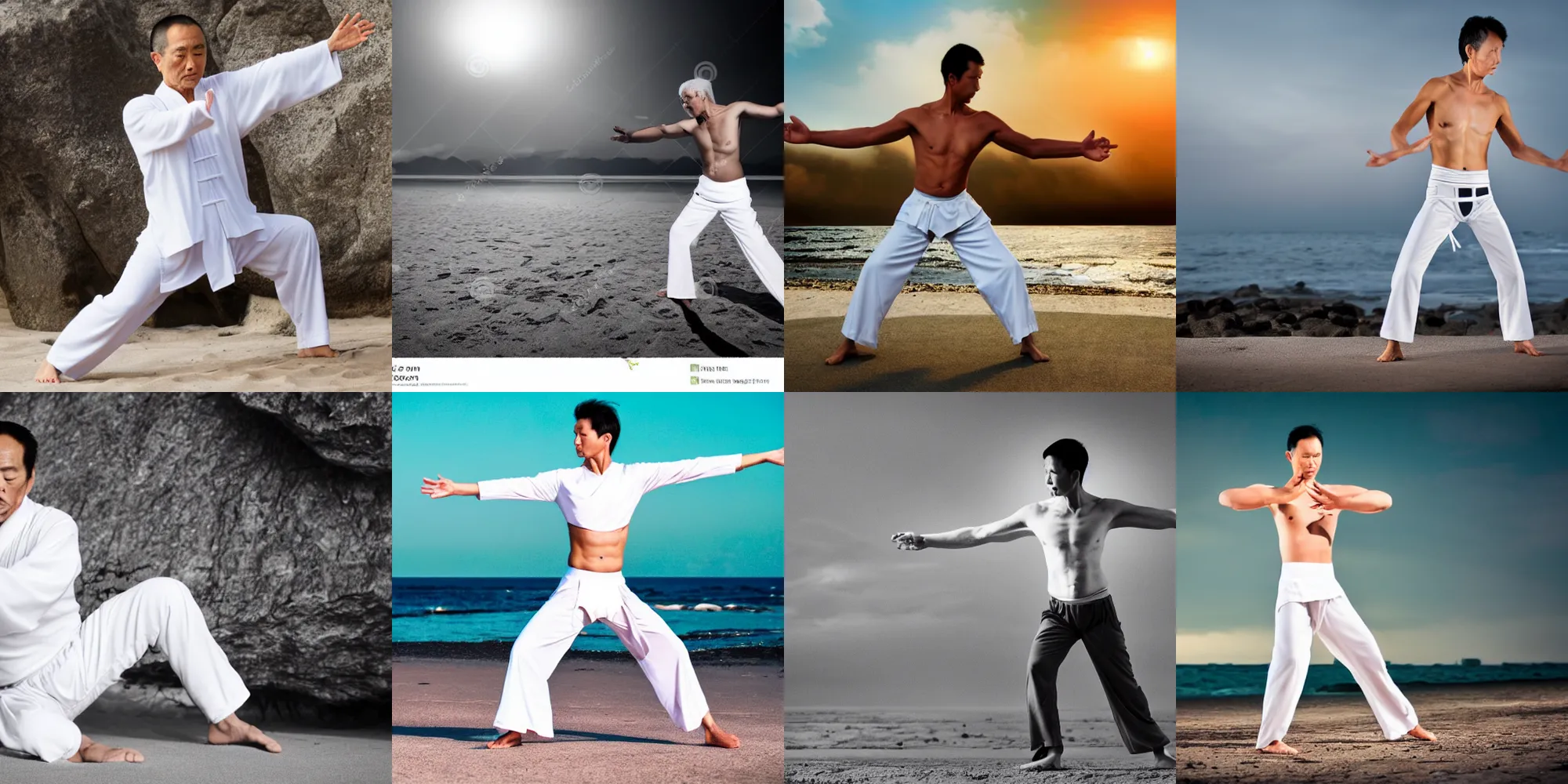 Prompt: tai chi master performing tai chi form in white underwear, nervous look, dramatic lighting, on the seashore