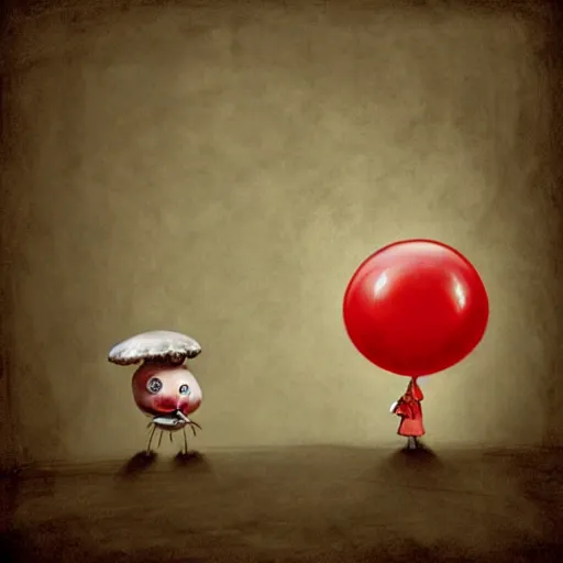 Prompt: surrealism grunge cartoon portrait sketch of a mushroom with a wide smile and a red balloon by - michael karcz, loony toons style, mona lisa style, horror theme, detailed, elegant, intricate