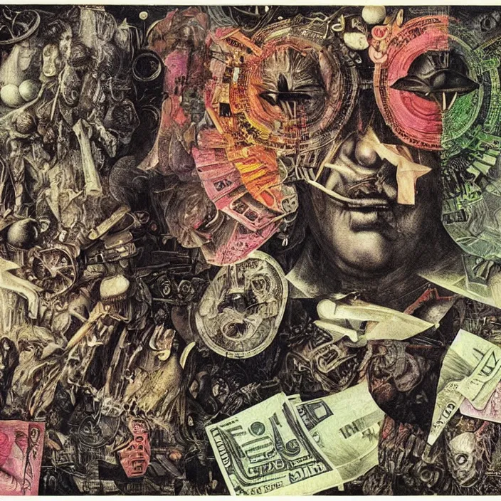 Image similar to post - punk new age album cover, asymmetrical design, dollar bank notes, capitalism, magic, apocalypse, psychedelic, black white pink, highly detailed, magic, giger h. r., giuseppe arcimboldo