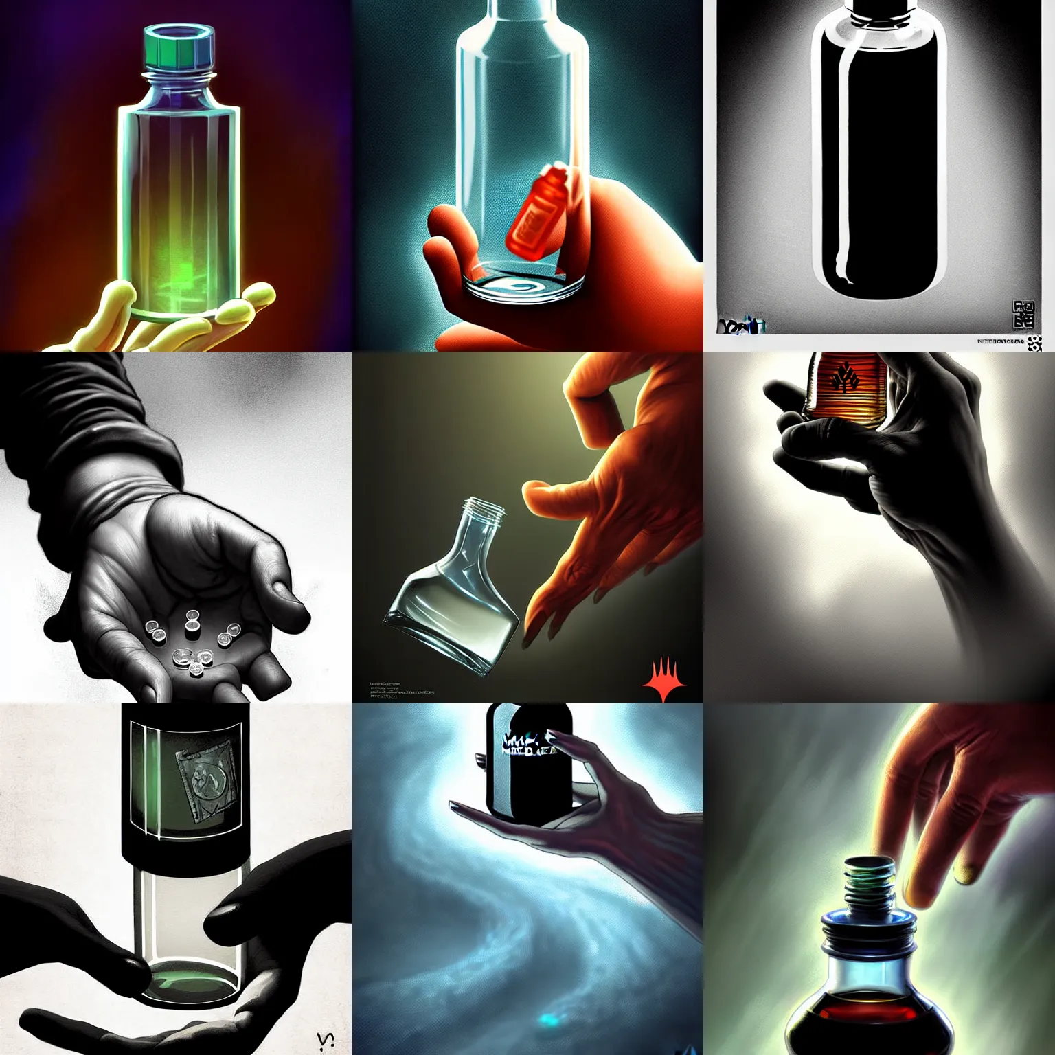 Prompt: detailed digital art of a normal hand holding a single tiny unlabeled clear medicine bottle half-full of mysterious black liquid; magic the gathering art by Volkan Baga, artstation