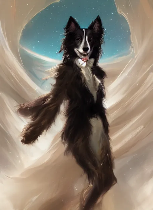 Image similar to beautiful wide angle full body portrait of a cute male anthropomorphic anthro border collie fursona wearing an evening gown in outer space, character design by charlie bowater, henry asencio, and ross tran, scenic background, detailed, glamor pose, aesthetic, furry, trending on artstation, furaffinity, deviantart