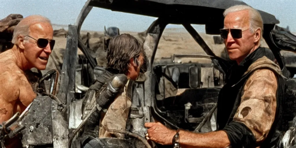 Image similar to A screenshot of Joe Biden in Mad Max (1979)