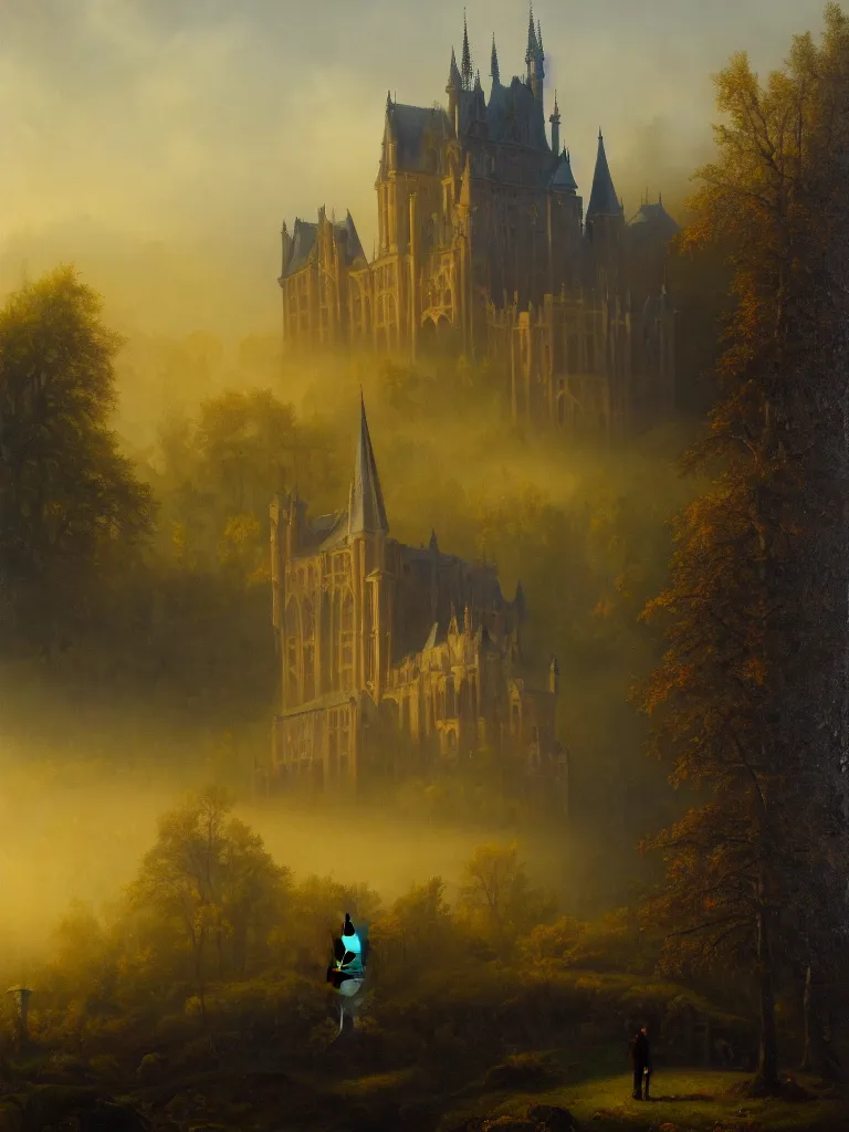 Prompt: a gothic castle in morning's sunlight, mist and dew. 8 k, oil on canvas, hyperdetailed