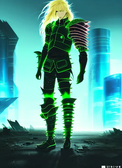 Image similar to a striking cinematic full body manga portrait of a male warrior with long blonde hair and blue eyes wearing evil green spiked cyberpunk armour and standing in the desolate burning ruins of a futuristic city by hirohiko araki and beeple, fine details, digital art, character concept art, volumetric lighting, cinematic light, photorealistic