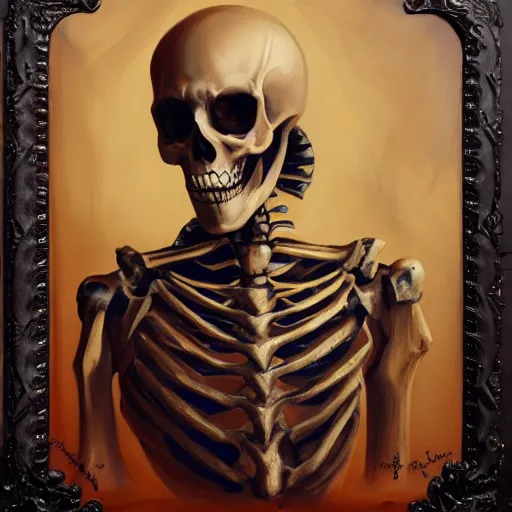 Prompt: Sombre imposing regal skeleton duke posed for a portrait as oil painting, macabre, artstation