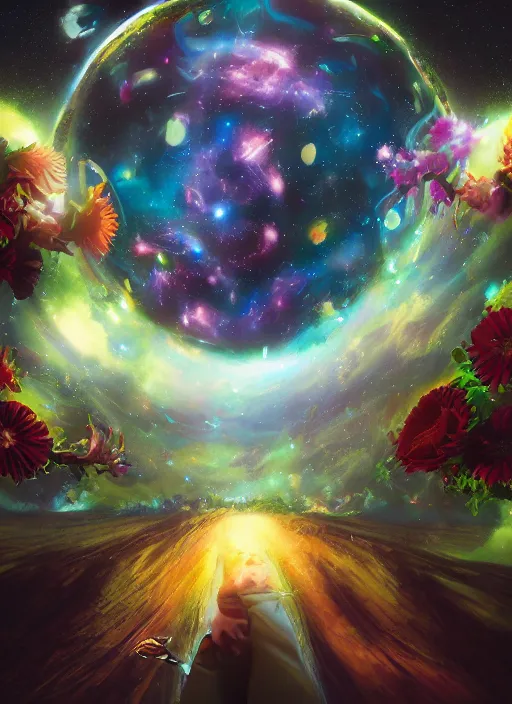 Image similar to An epic fantastic realism comic book style painting of the most beautiful entwined flowers launched across the dark galactic night sky, nebulous bouquets, fisheye lens, unreal 5, DAZ, hyperrealistic, octane render, dynamic lighting