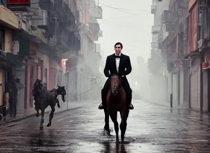 Image similar to first official image from bond 2 6, starring adam driver as agent 0 0 7, riding a horse through the streets of valparaiso, chile in heavy rain. directed by alejandro inarritu. stunning cinematography, kodak vision 2 0 0 t, high contrast, anamorphic lens, chromatic aberration.